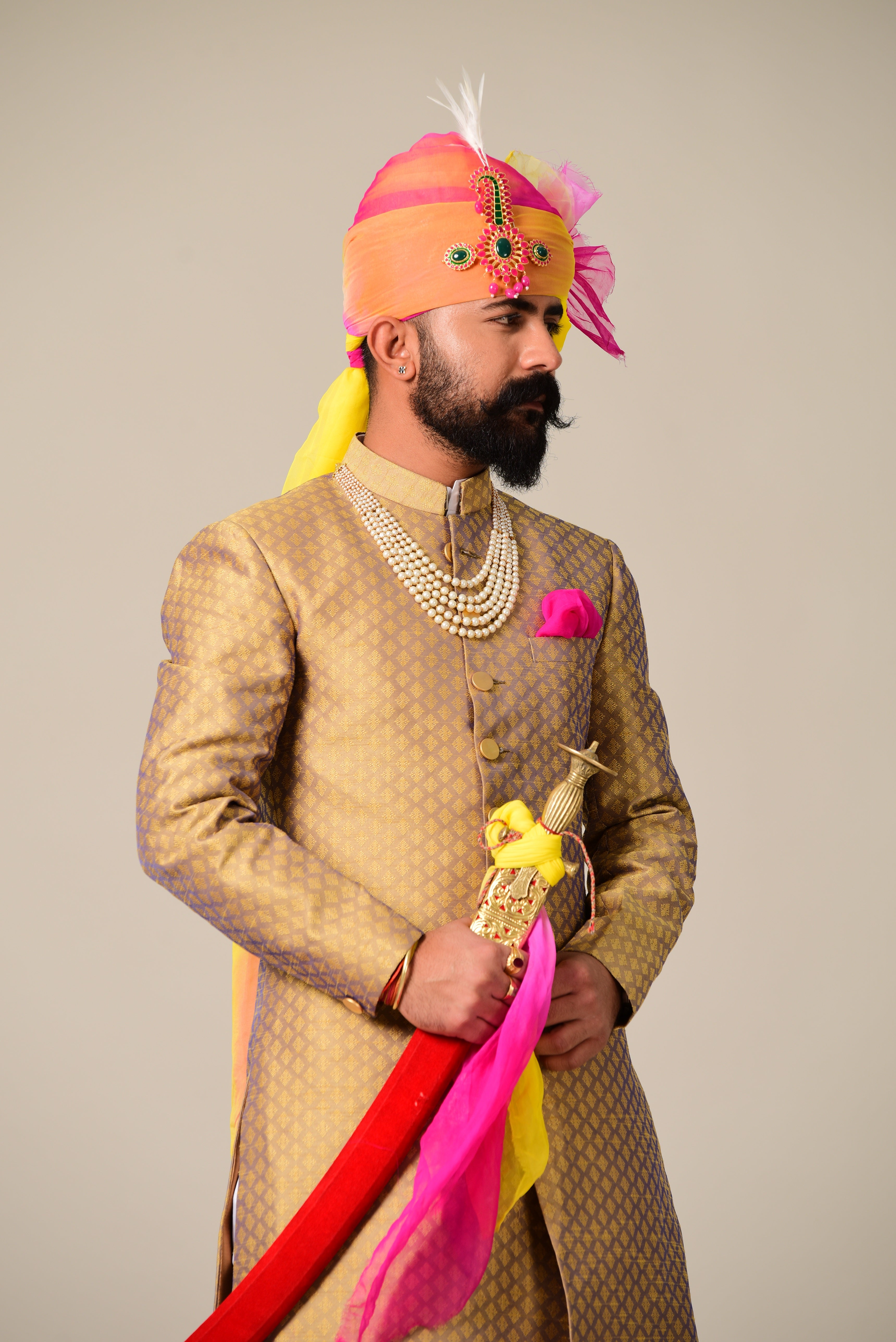 Traditional Golden-Violet Hand-crafted Brocade Silk Sherwani Achkan for Men |Formal Kurta Style wear | Perfect for Family Weddings & Grooms