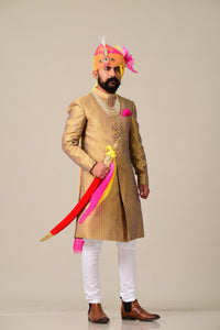 Traditional Golden-Violet Hand-crafted Brocade Silk Sherwani Achkan for Men |Formal Kurta Style wear | Perfect for Family Weddings & Grooms