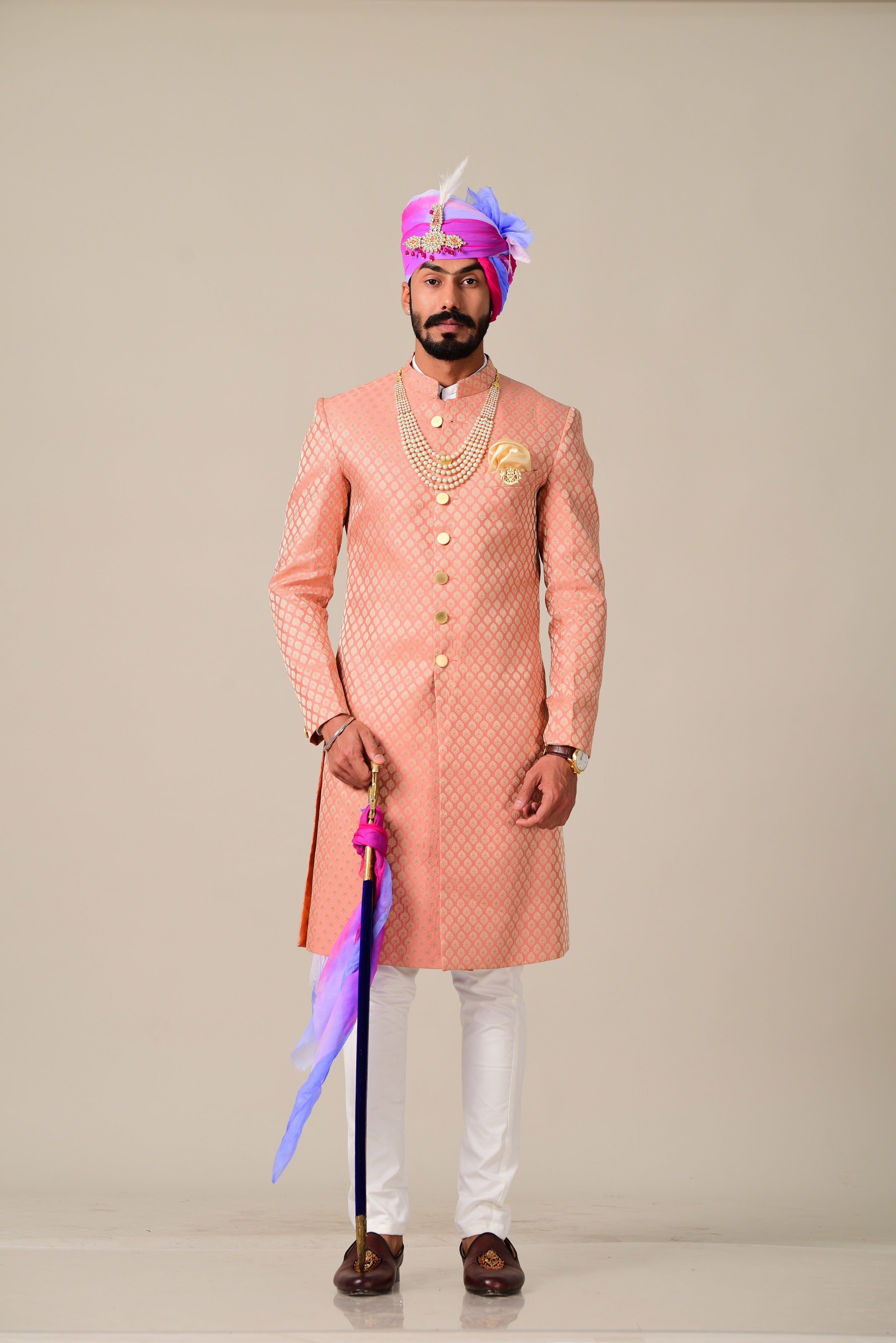 Stunning Ballet Pink Rajputana Styled Sherwani/Achkan for Men | Perfect Groom and Family Wedding Wear | Bespoke Personalisable Size Styling