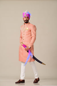 Stunning Ballet Pink Rajputana Styled Sherwani/Achkan for Men | Perfect Groom and Family Wedding Wear | Bespoke Personalisable Size Styling