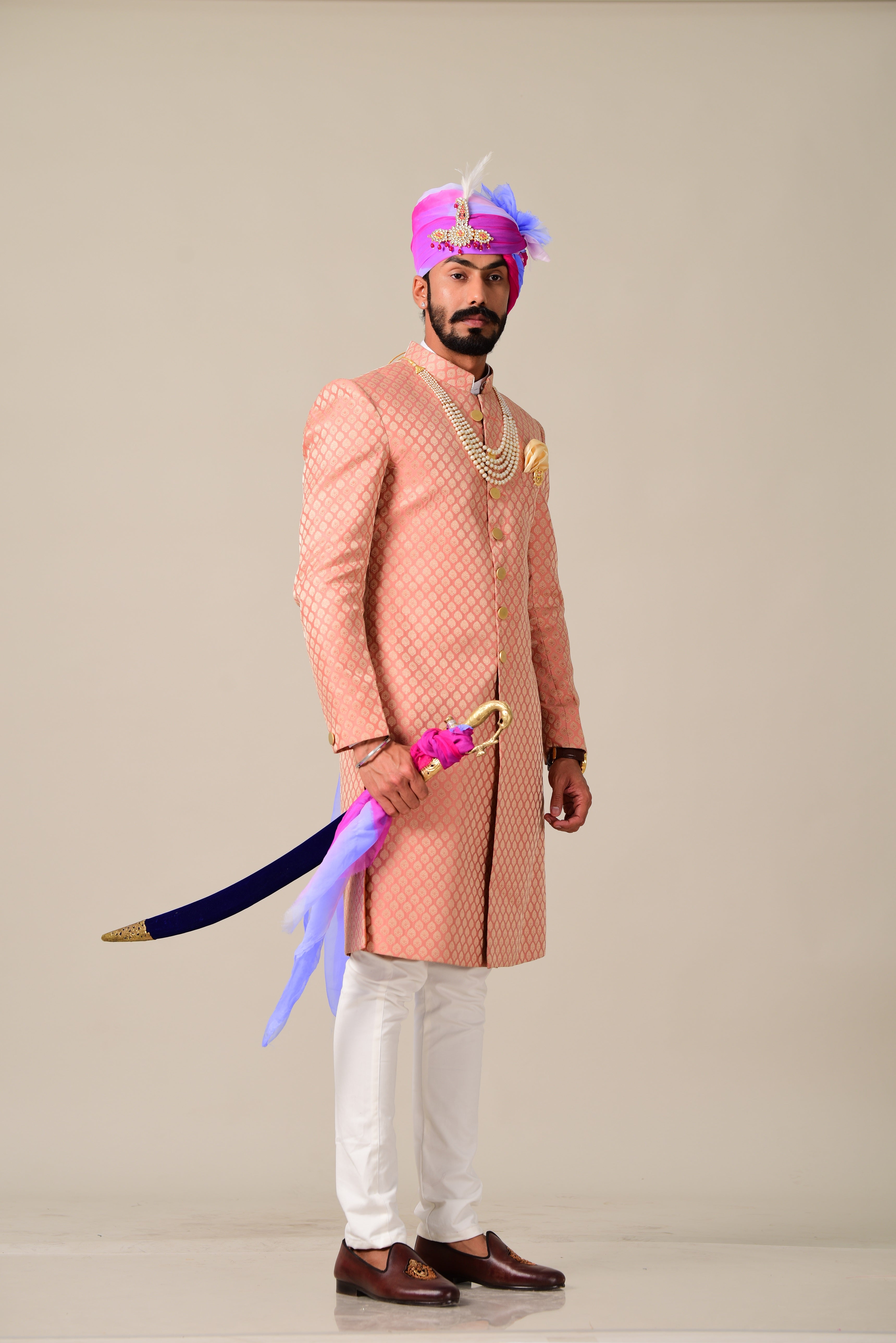 Stunning Ballet Pink Rajputana Styled Sherwani/Achkan for Men | Perfect Groom and Family Wedding Wear | Bespoke Personalisable Size Styling