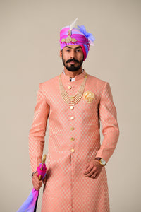 Stunning Ballet Pink Rajputana Styled Sherwani/Achkan for Men | Perfect Groom and Family Wedding Wear | Bespoke Personalisable Size Styling