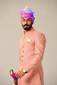 Stunning Ballet Pink Rajputana Styled Sherwani/Achkan for Men | Perfect Groom and Family Wedding Wear | Bespoke Personalisable Size Styling