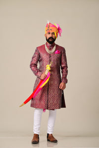 Royal Rosewood Kimkhab Banarasi Brocade Rajputana Achkan/Sherwani for Men| Perfect for Wedding , Functional wear|