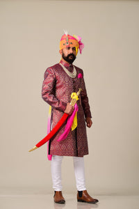 Royal Rosewood Kimkhab Banarasi Brocade Rajputana Achkan/Sherwani for Men| Perfect for Wedding , Functional wear|