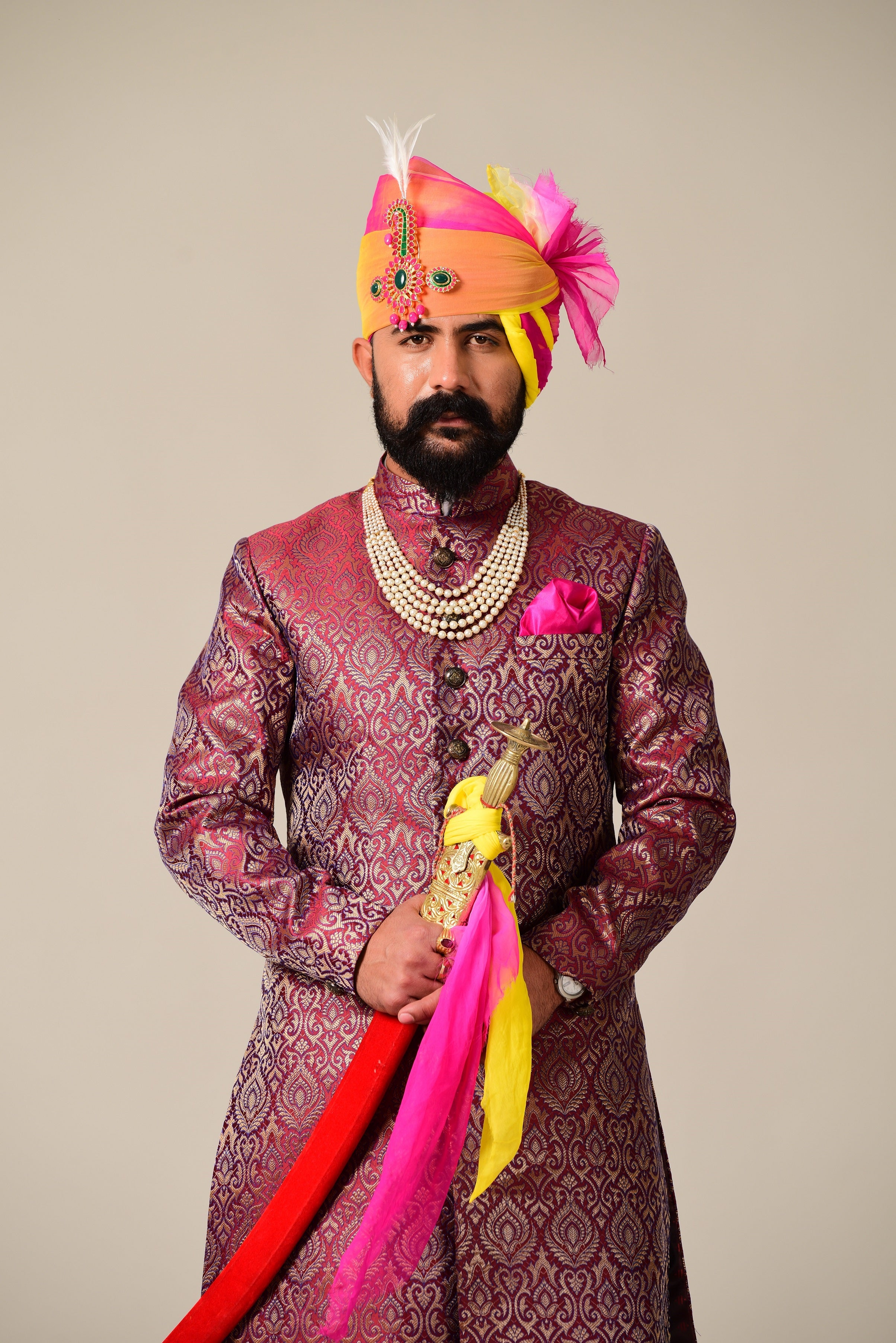 Royal Rosewood Kimkhab Banarasi Brocade Rajputana Achkan/Sherwani for Men| Perfect for Wedding , Functional wear|
