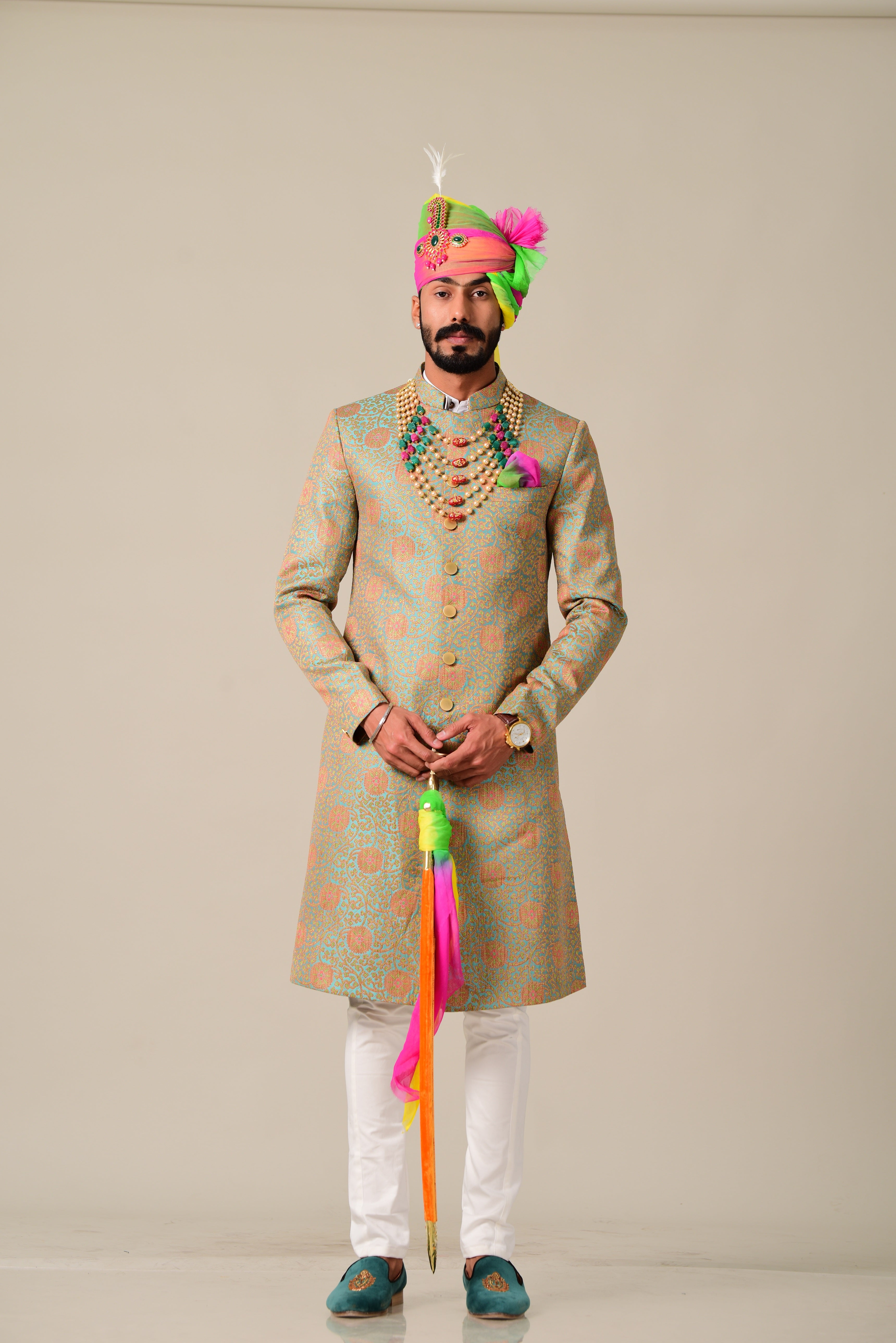 Stunning Sage Green Floral Pattern Banarasi Brocade  Achkan/Sherwani| Perfect Groom Attire| Wedding wear, Festive wear|