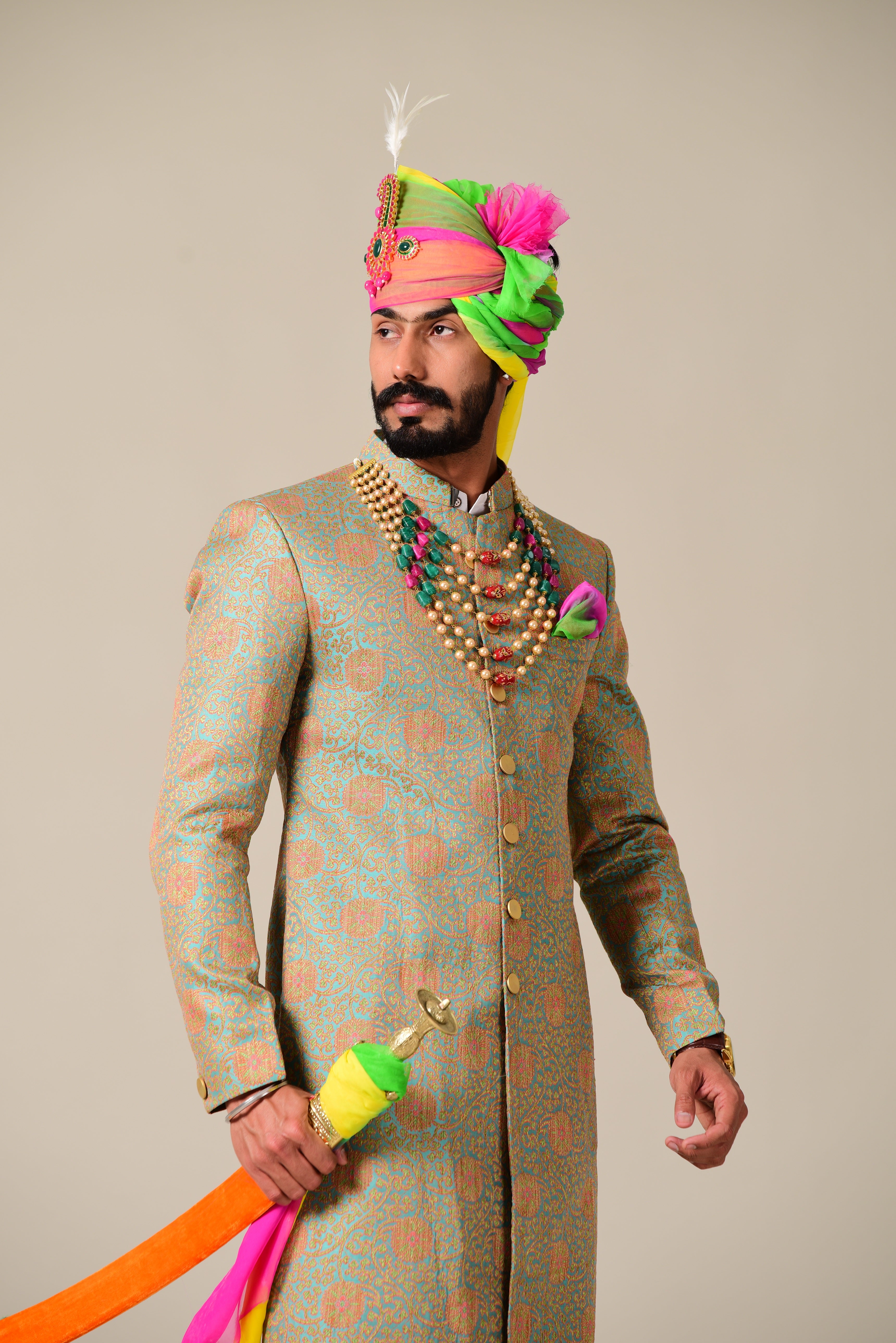 Stunning Sage Green Floral Pattern Banarasi Brocade  Achkan/Sherwani| Perfect Groom Attire| Wedding wear, Festive wear|