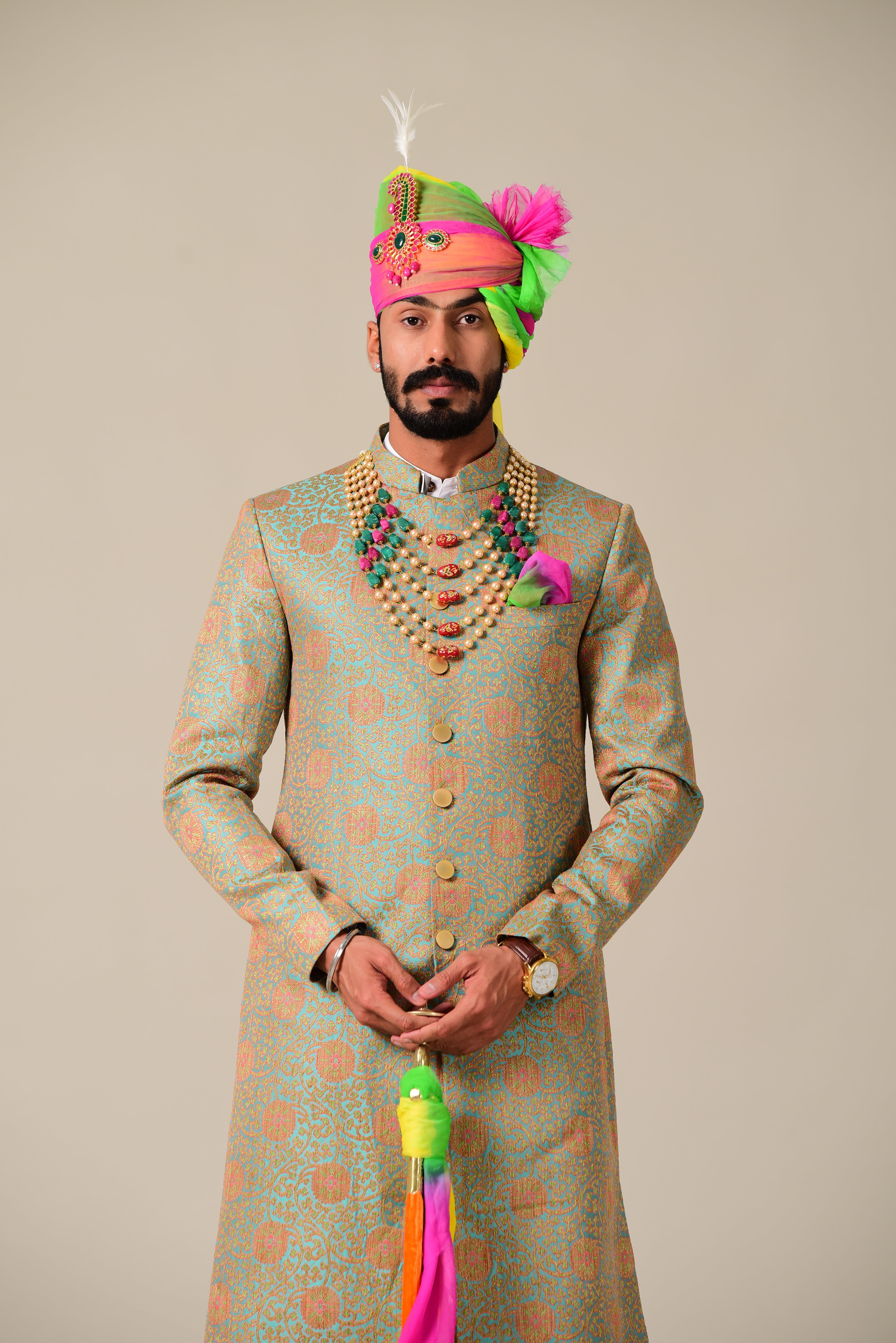 Stunning Sage Green Floral Pattern Banarasi Brocade  Achkan/Sherwani| Perfect Groom Attire| Wedding wear, Festive wear|