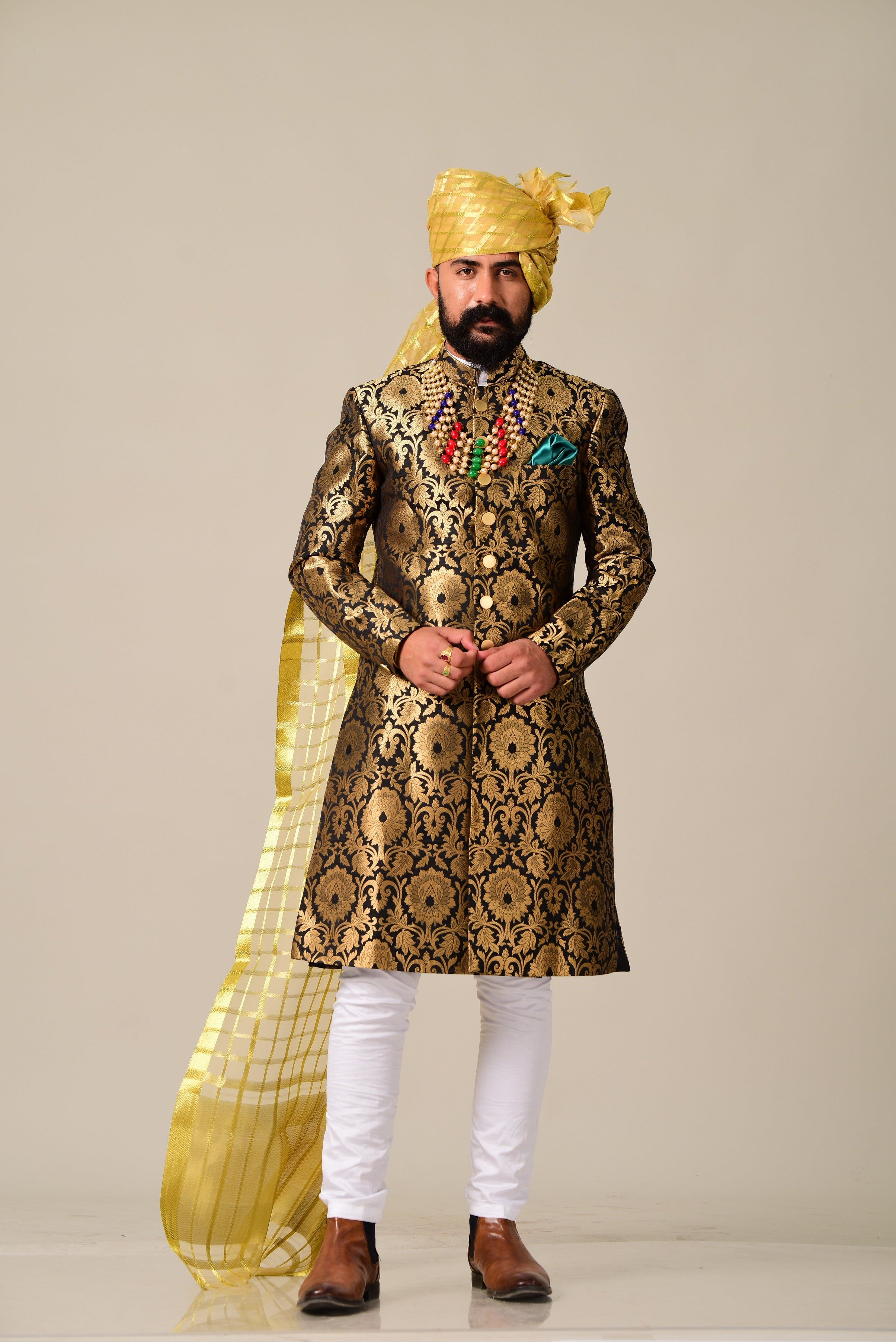 Elegant Hand-crafted Rajputana Styled Silky Smooth Velvet Sherwani /Achkan for Men | Indian Formal Kurta Style wear Perfect for Family Weddings & Grooms | Gold Black