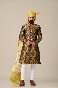 Elegant Hand-crafted Rajputana Styled Golden-Black Brocade Sherwani  for Men | Indian Formal Kurta Style wear Perfect for Family Weddings & Grooms | Gold Black