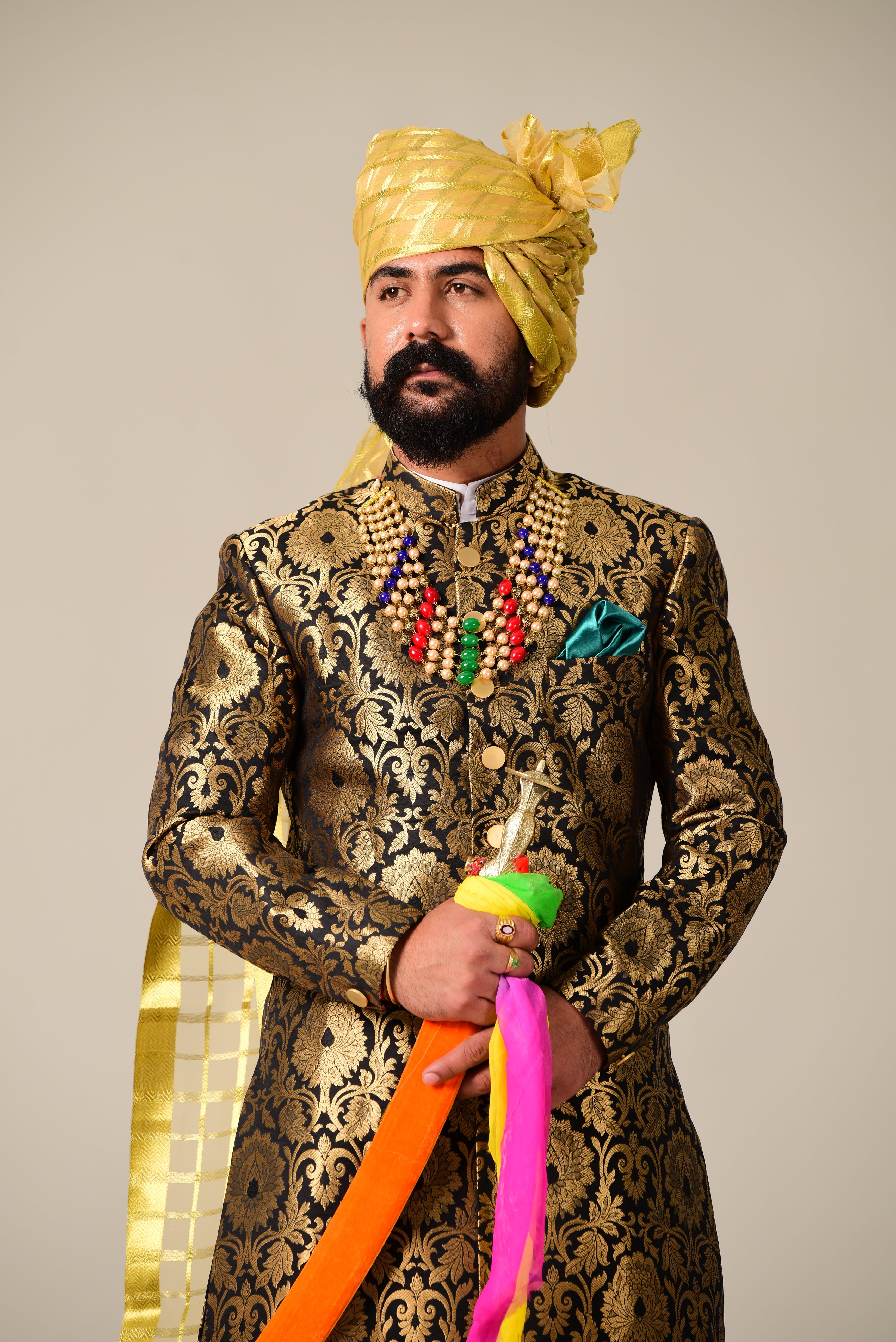 Elegant Hand-crafted Rajputana Styled Silky Smooth Velvet Sherwani /Achkan for Men | Indian Formal Kurta Style wear Perfect for Family Weddings & Grooms | Gold Black