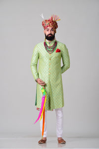 Royal Lime Green Self Embroidered Brocade Silk Sherwani/Achkan for Men | Indian Formal Kurta Style wear | Perfect for Family Weddings & Grooms