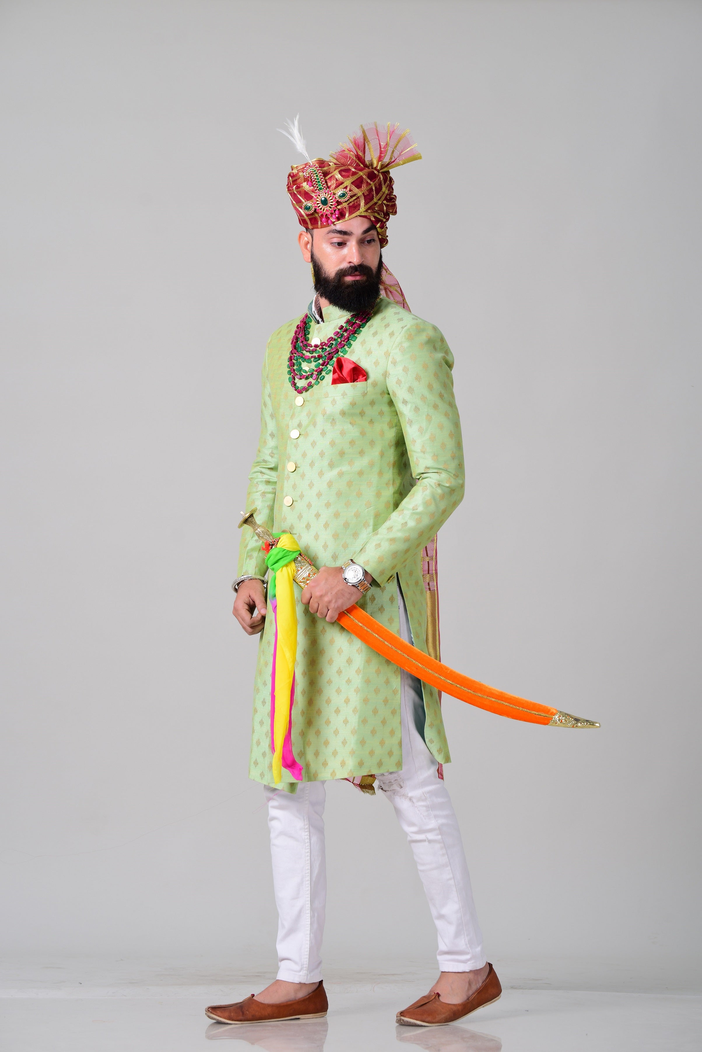 Royal Lime Green Self Embroidered Brocade Silk Sherwani/Achkan for Men | Indian Formal Kurta Style wear | Perfect for Family Weddings & Grooms