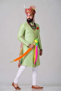 Royal Lime Green Self Embroidered Brocade Silk Sherwani/Achkan for Men | Indian Formal Kurta Style wear | Perfect for Family Weddings & Grooms