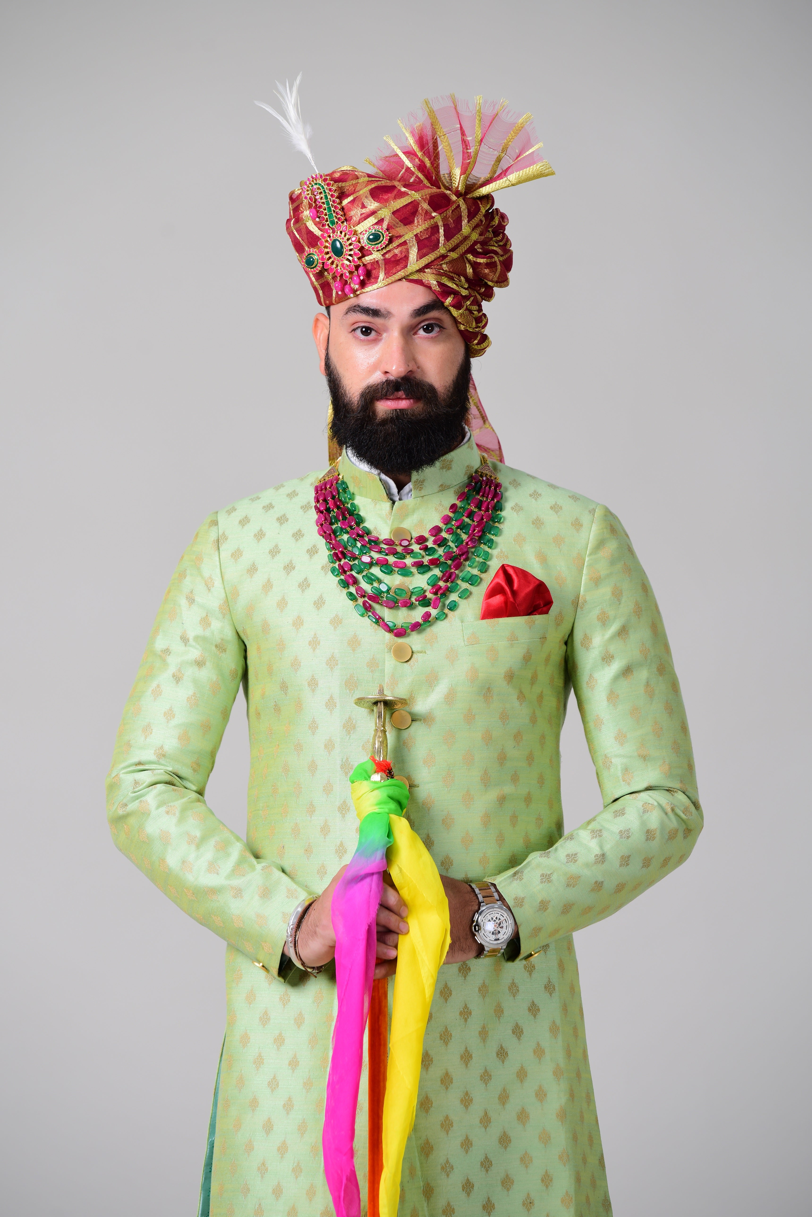 Royal Lime Green Self Embroidered Brocade Silk Sherwani/Achkan for Men | Indian Formal Kurta Style wear | Perfect for Family Weddings & Grooms