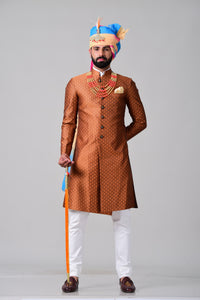 Traditional Rust Orange Banarasi Silk  Sherwani /Achkan for Men | Formal Kurta Style | Perfect for Family Weddings & Grooms | Bespoke Wedding Wear