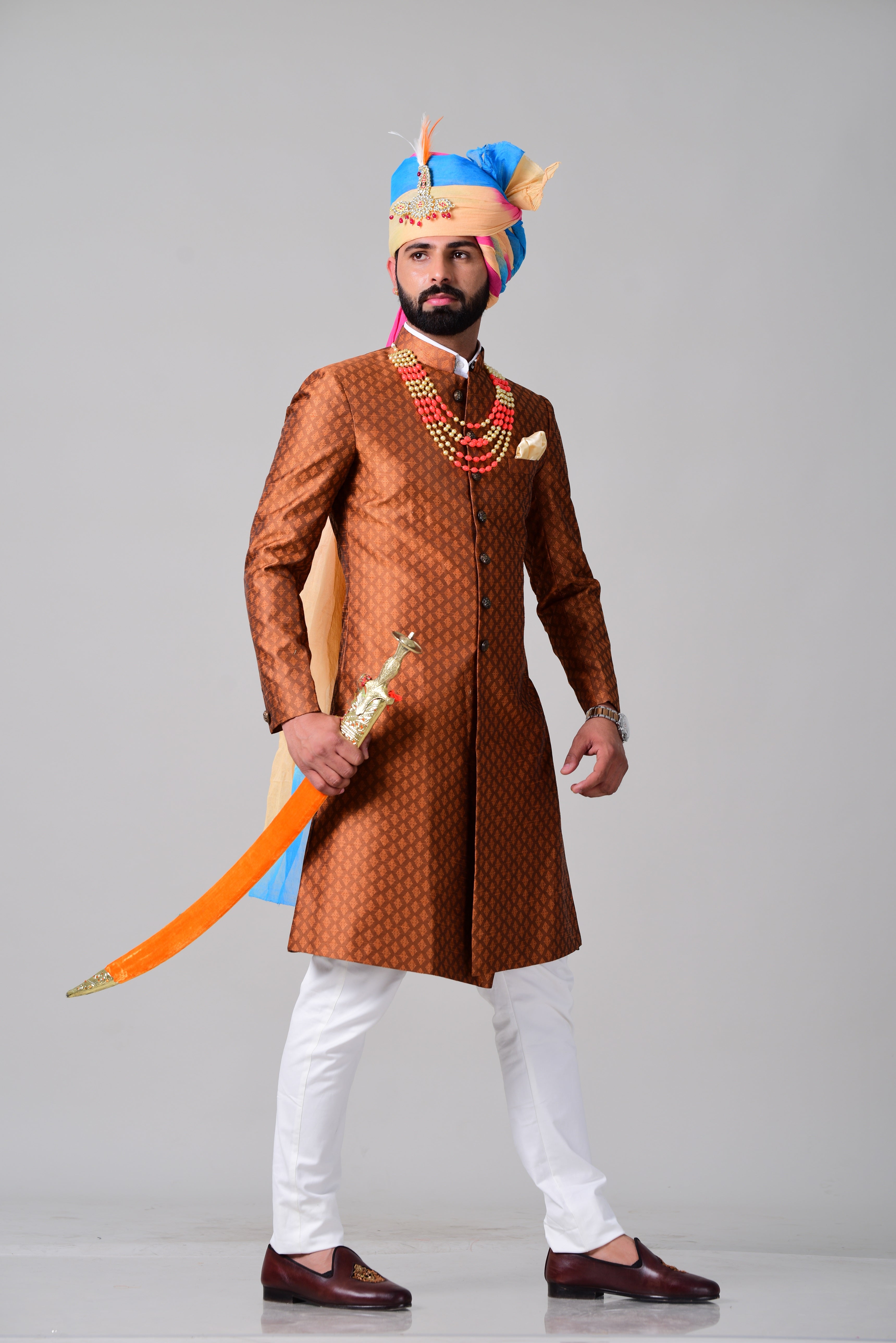 Traditional Rust Orange Banarasi Silk  Sherwani /Achkan for Men | Formal Kurta Style | Perfect for Family Weddings & Grooms | Bespoke Wedding Wear