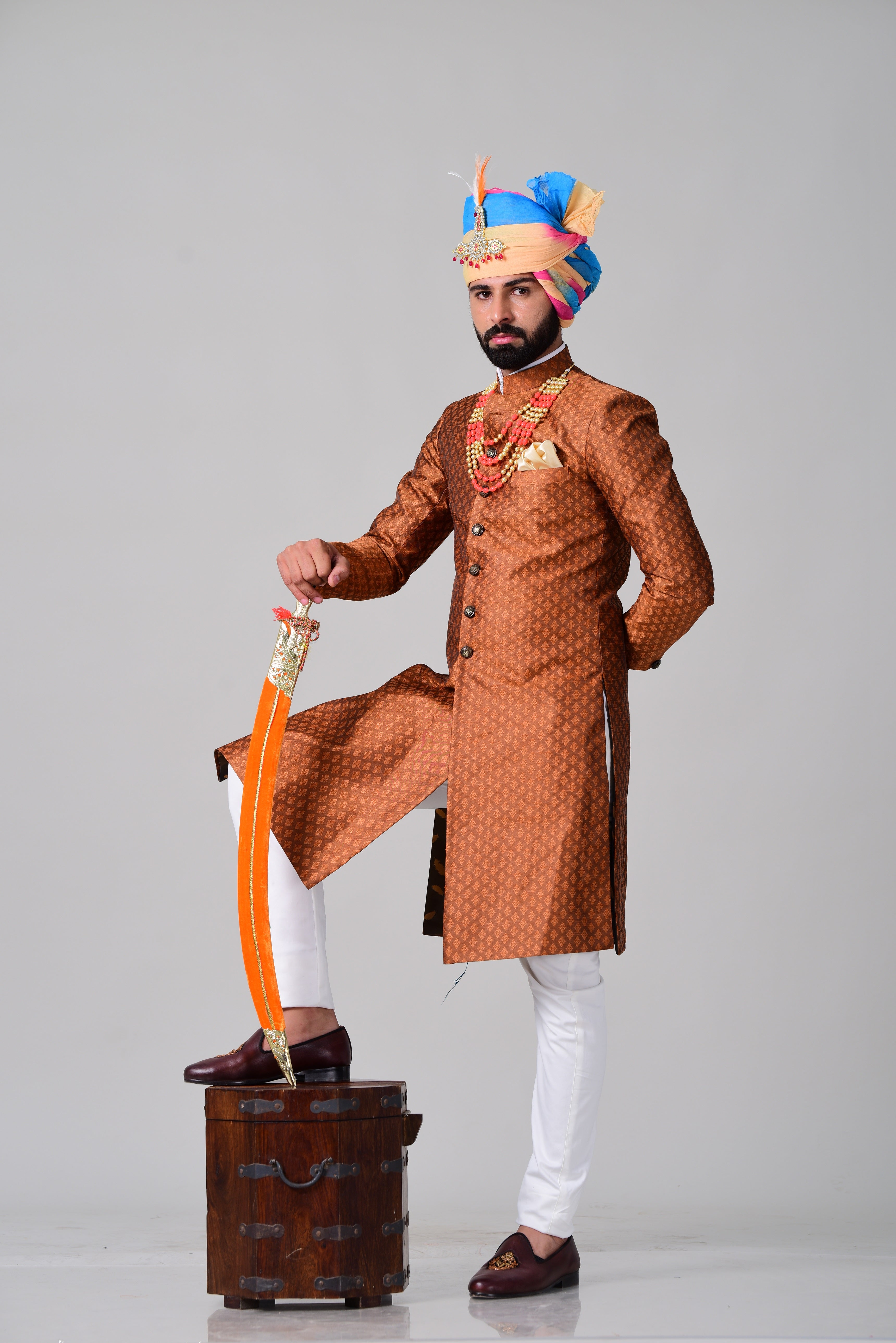 Traditional Rust Orange Banarasi Silk  Sherwani /Achkan for Men | Formal Kurta Style | Perfect for Family Weddings & Grooms | Bespoke Wedding Wear