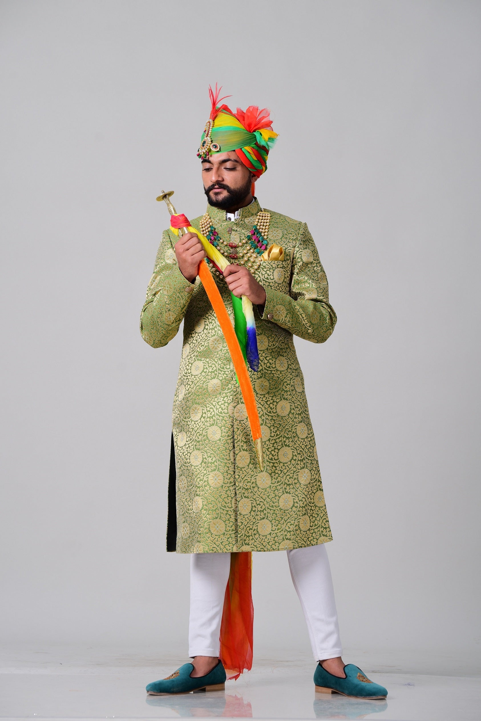 Stunning Spring Bug and Golden Banarasi Brocade Rajputana Sherwani/Achkan for Men| Perfect for Wedding wear, Festival wear|