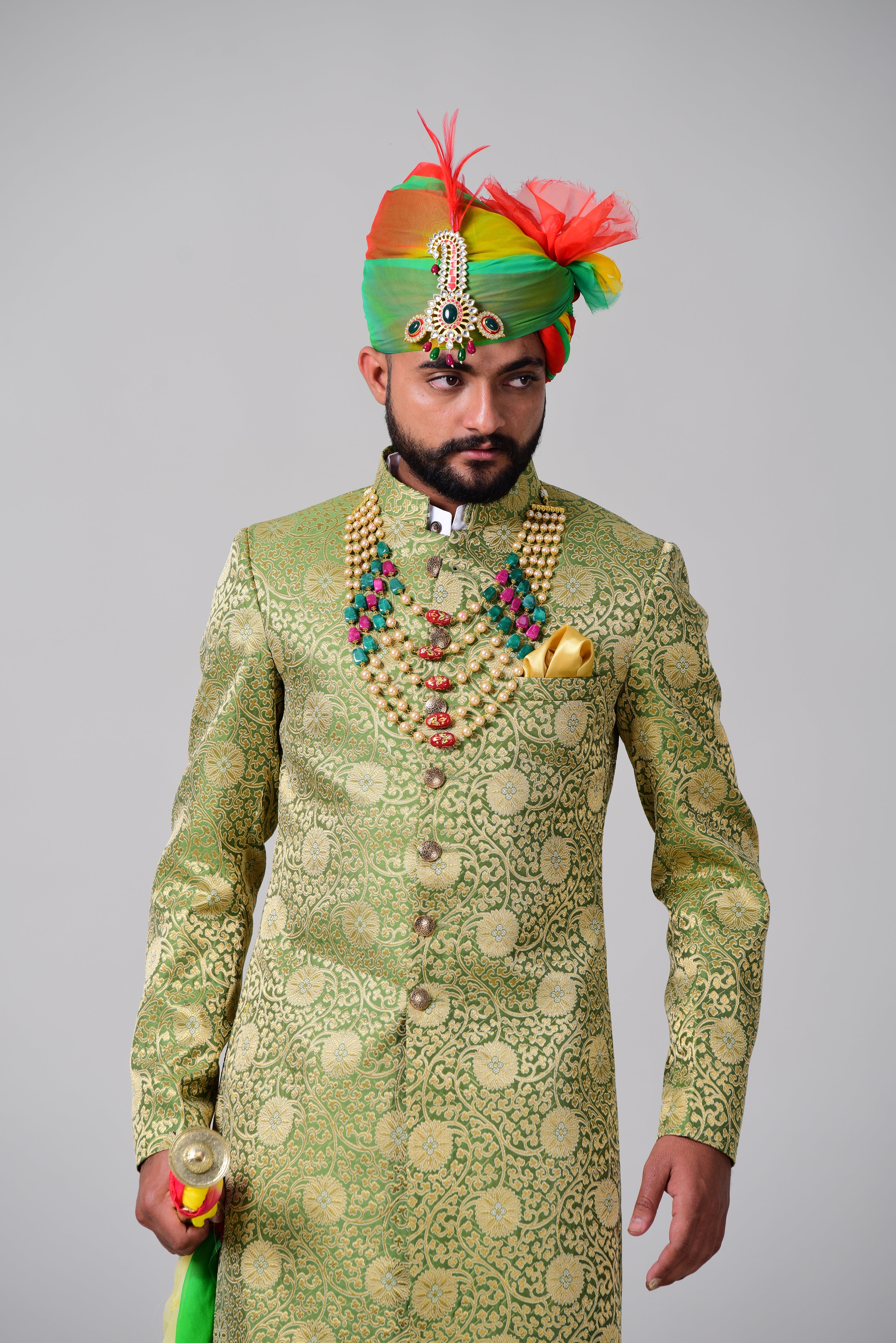 Stunning Spring Bug and Golden Banarasi Brocade Rajputana Sherwani/Achkan for Men| Perfect for Wedding wear, Festival wear|