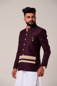 Wine Double Bottom Stripes Bandhgala Blazer with Kurta Pajama