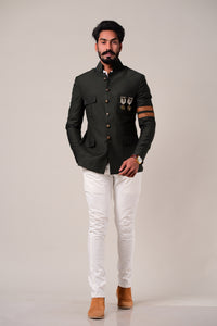 Aesthetic Battle Green Four Pocket Jodhpuri Bandhgala Jacket with Stripes Details |White Trouser| Perfect for Functional wear, Wedding wear |