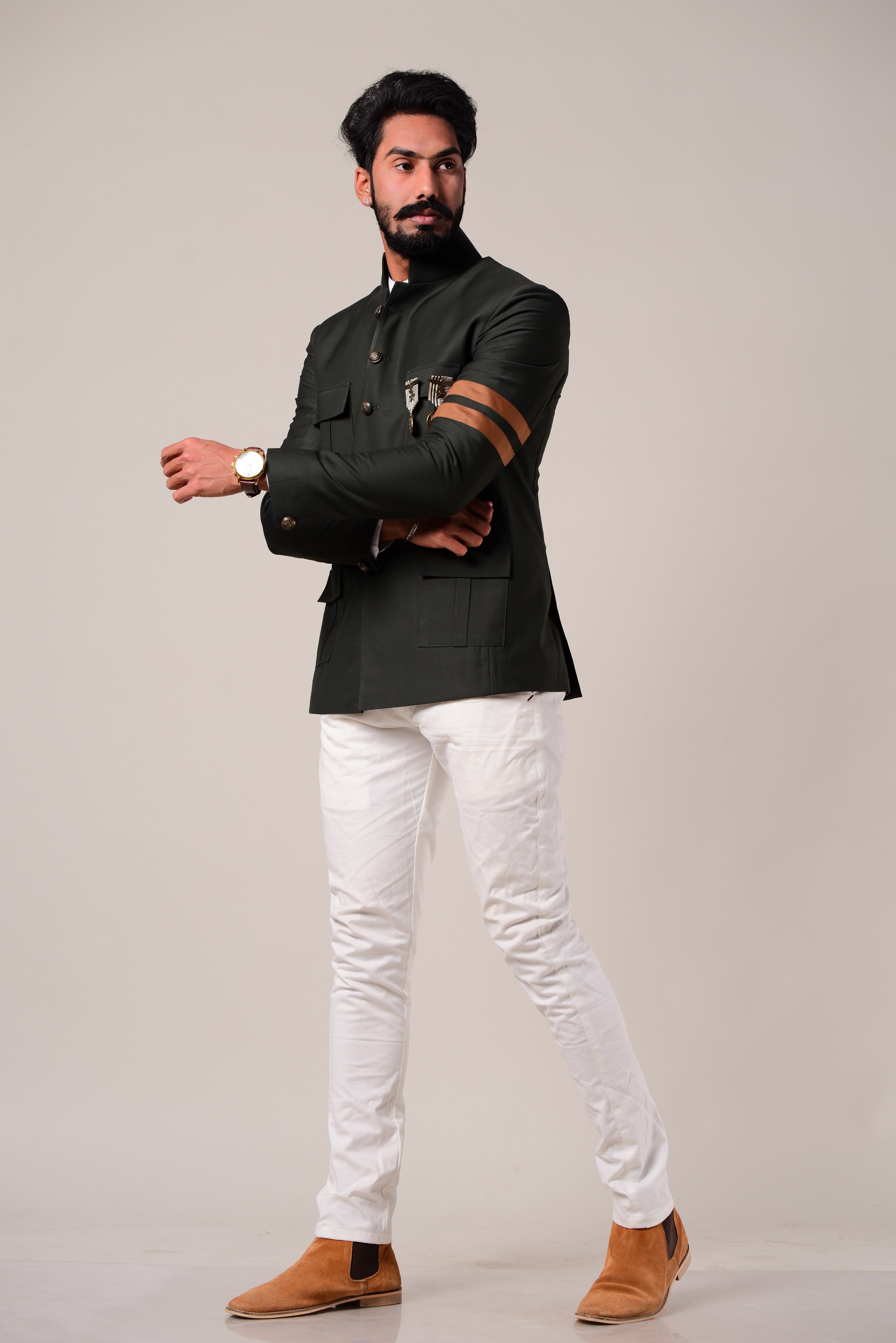 Aesthetic Battle Green Four Pocket Jodhpuri Bandhgala Jacket with Stripes Details |White Trouser| Perfect for Functional wear, Wedding wear |