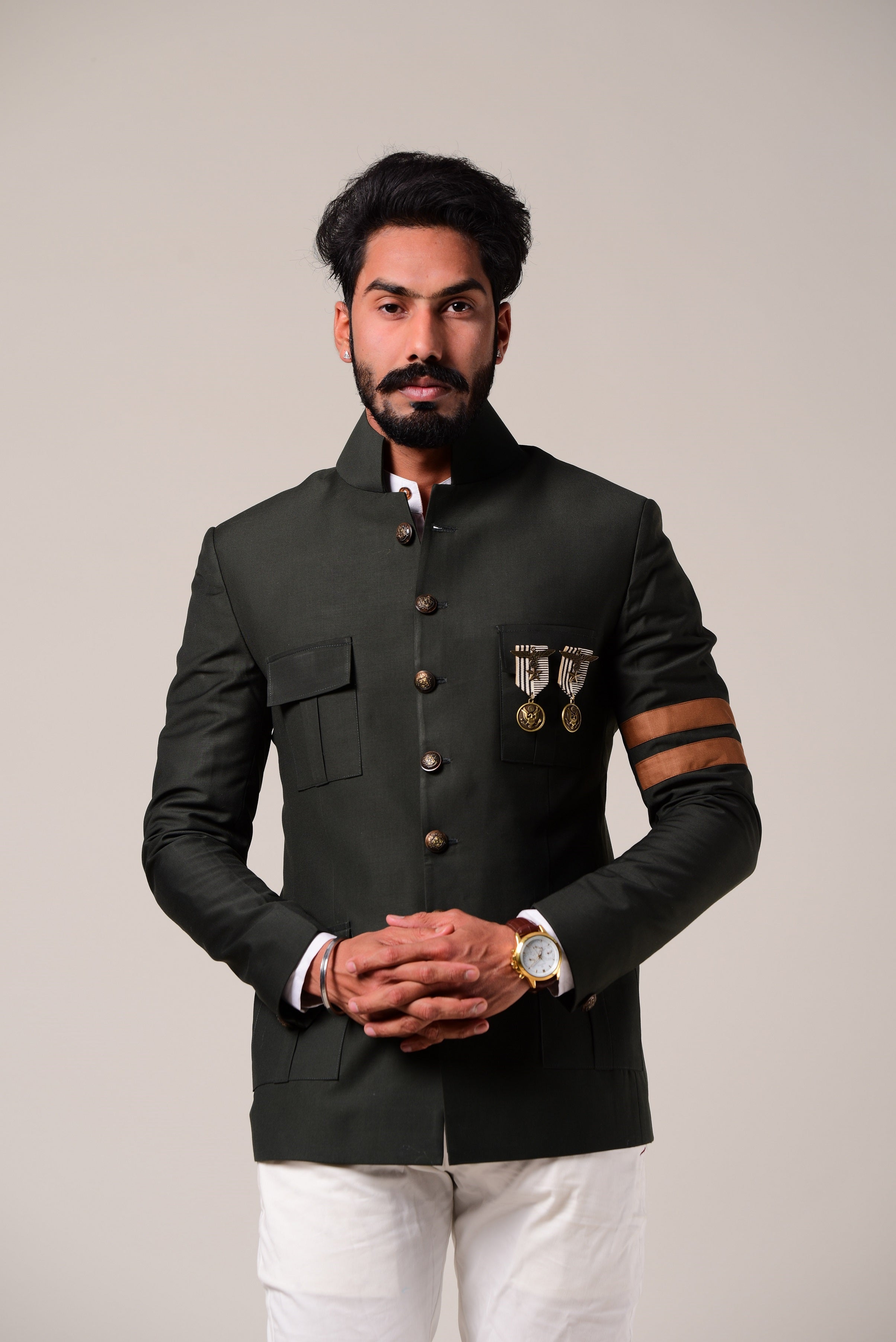 Aesthetic Battle Green Four Pocket Jodhpuri Bandhgala Jacket with Stripes Details |White Trouser| Perfect for Functional wear, Wedding wear |