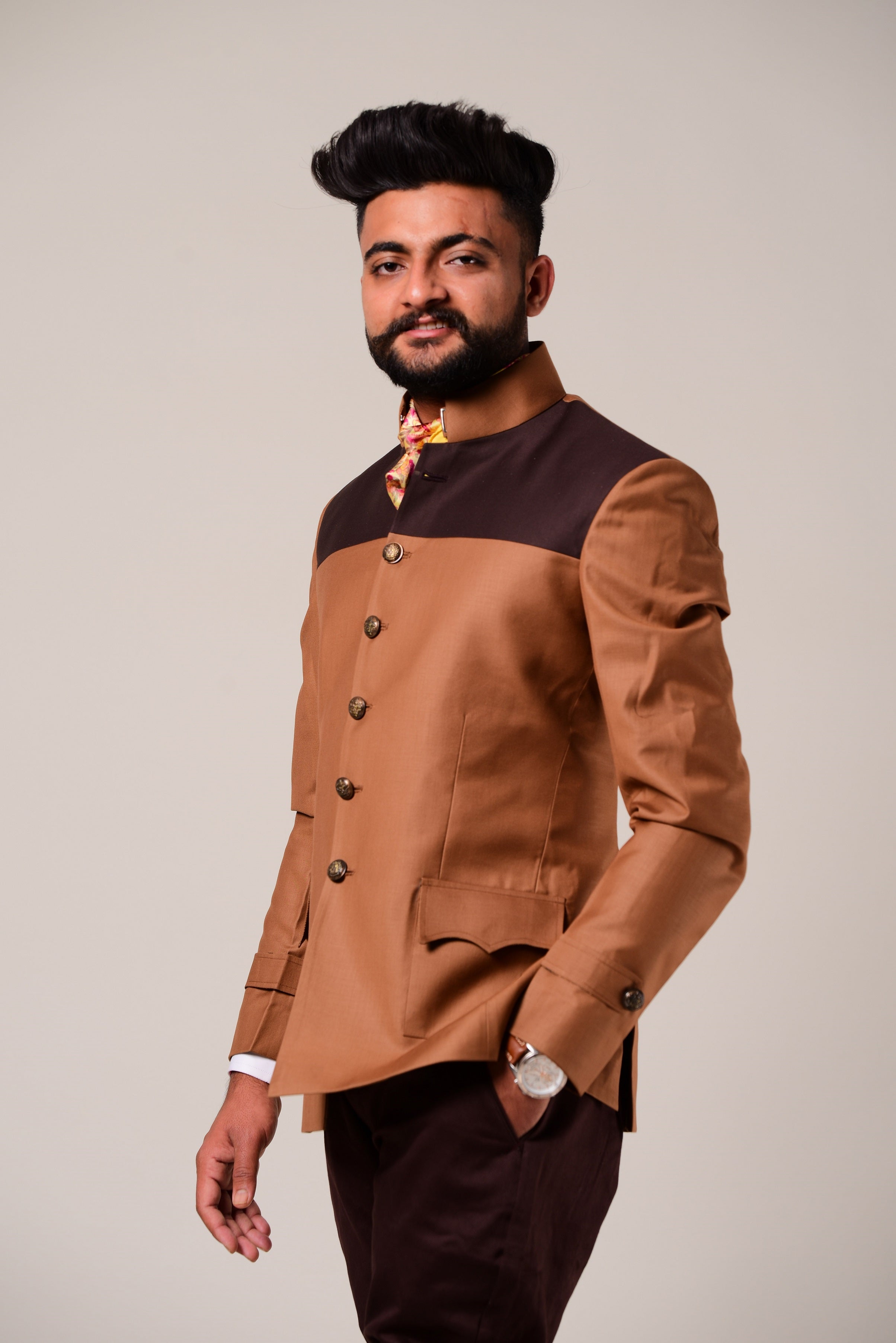 Exclusive Almond Brown Dual Color Jodhpuri Bandhgala Blazer With Breeches | Perfect for Party wear, Festive wear|