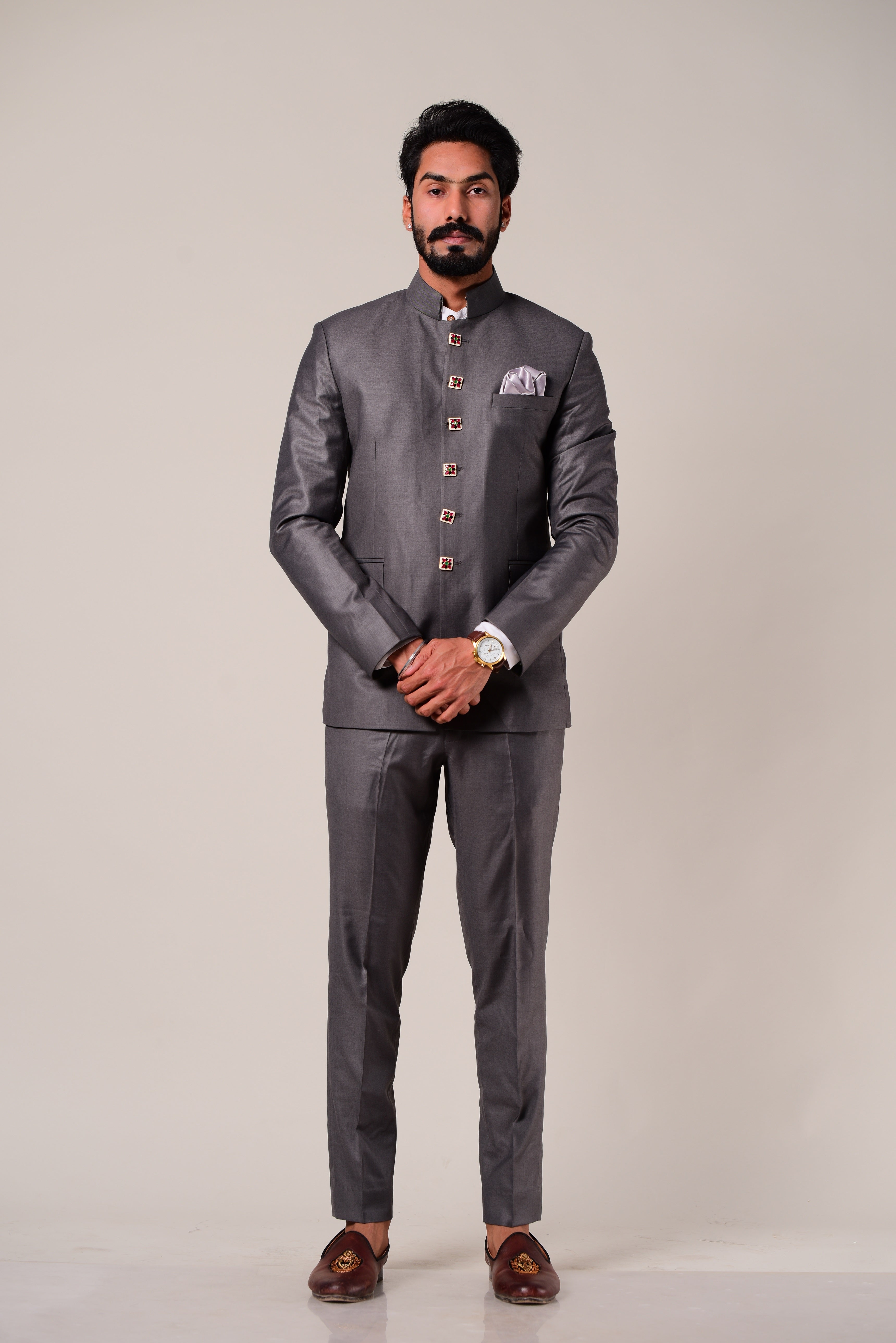 Iron Grey Bandhgala Suit With Hand-painted Stone Buttons | Perfect for Wedding wear, Functional wear|