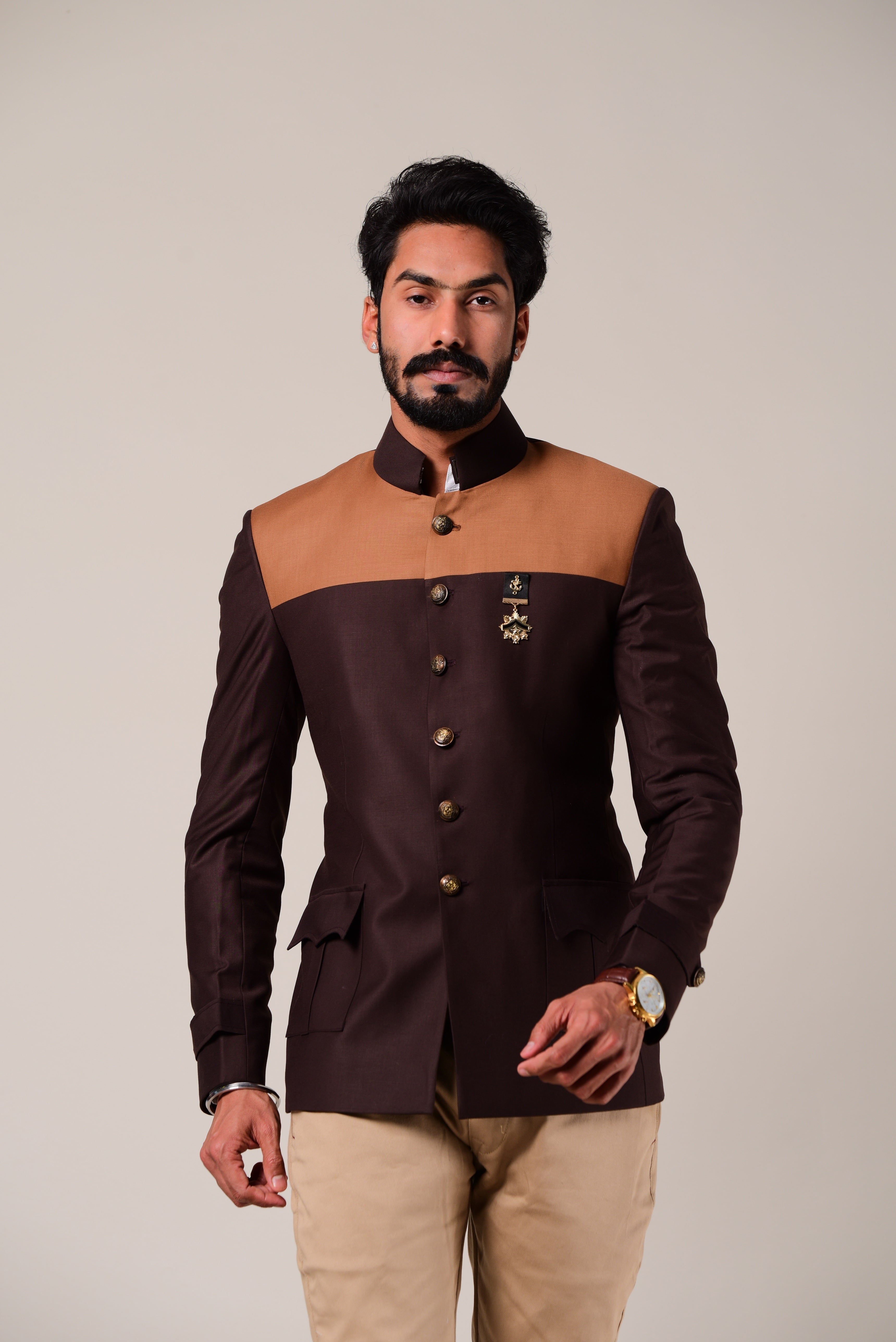 Aesthetic Umber Brown Jodhpuri Band gala Suit  for Men | Dual Brown Details | Perfect for Wedding wear , Functional wear, Festive wear||