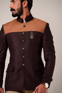 Aesthetic Umber Brown Jodhpuri Band gala Suit  for Men | Dual Brown Details | Perfect for Wedding wear , Functional wear, Festive wear||