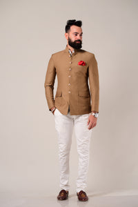 Alluring Camel Brown Jodhpuri Bandhgala with White Trouser |Terry Rayon| Perfect for Formal Party Wear for Open and Daylight Functions | Youth Inspired