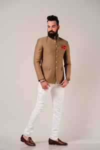 Alluring Camel Brown Jodhpuri Bandhgala with White Trouser |Terry Rayon| Perfect for Formal Party Wear for Open and Daylight Functions | Youth Inspired