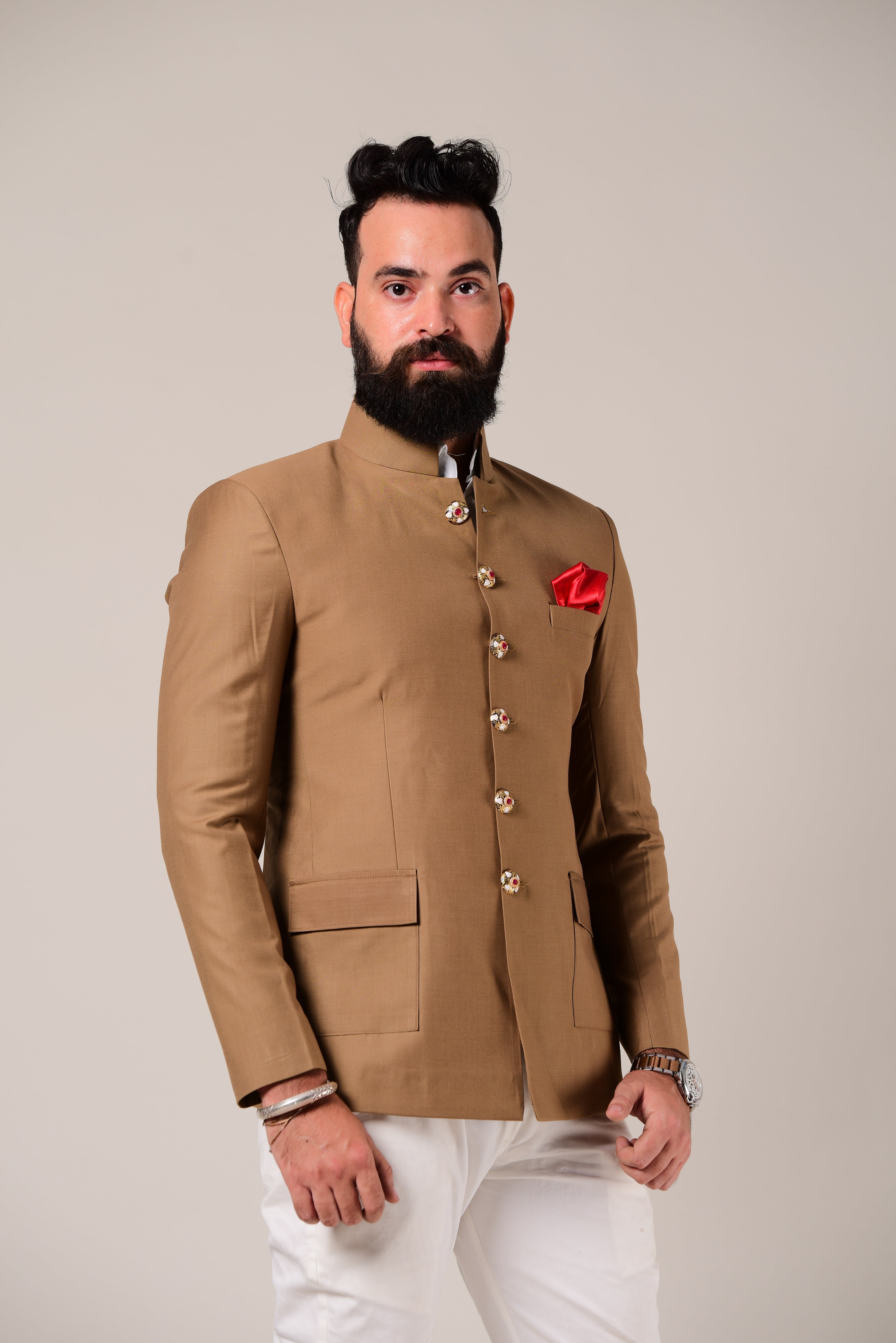 Alluring Camel Brown Jodhpuri Bandhgala with White Trouser |Terry Rayon| Perfect for Formal Party Wear for Open and Daylight Functions | Youth Inspired
