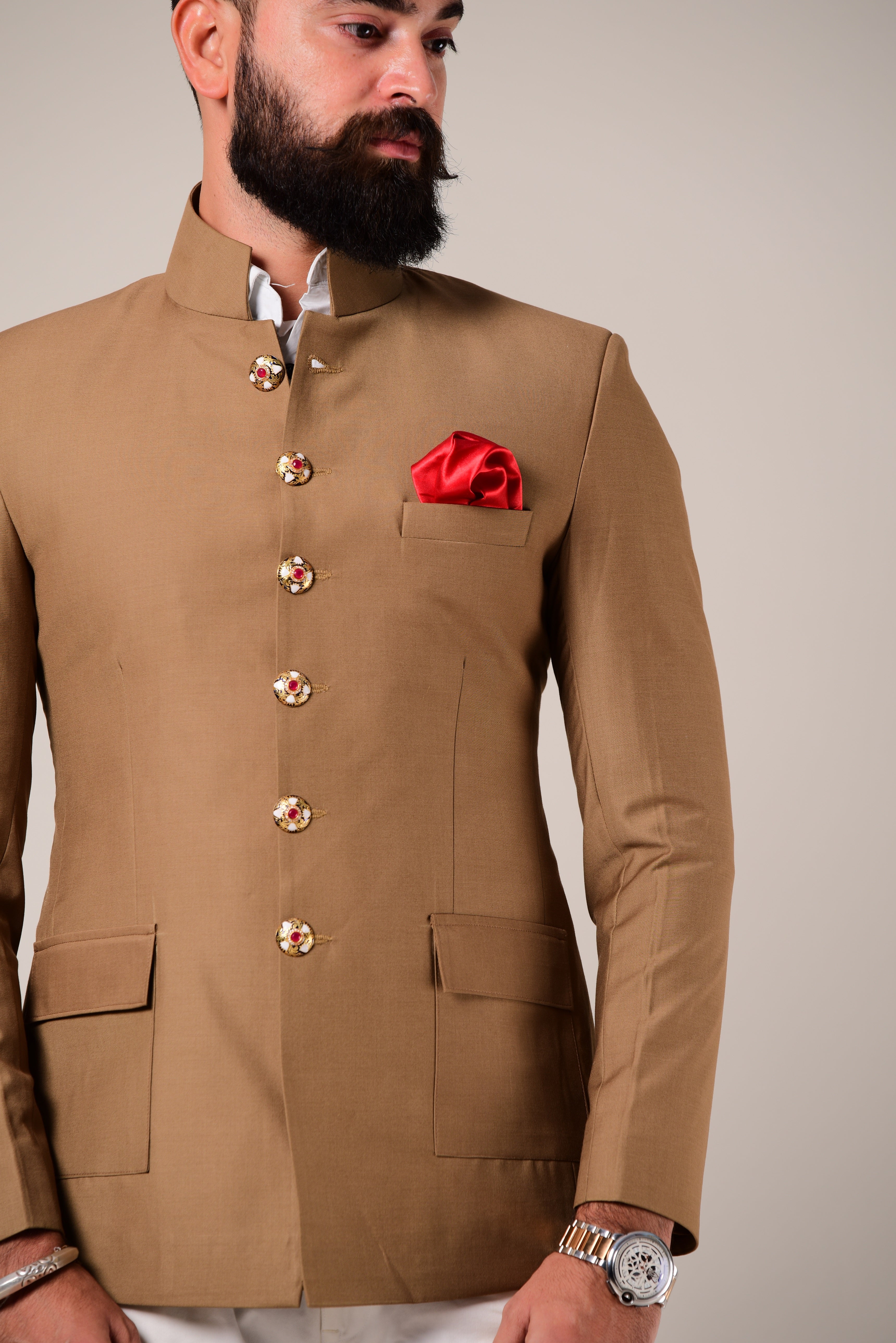 Alluring Camel Brown Jodhpuri Bandhgala with White Trouser |Terry Rayon| Perfect for Formal Party Wear for Open and Daylight Functions | Youth Inspired