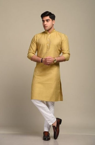 Golden Self Embroidered Designer Silk Kurta-Pajama Set|Traditional Indian Ethnic, Functional Dress, Diwali-Eid Wear, Father Son Combo