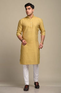 Golden Self Embroidered Designer Silk Kurta-Pajama Set|Traditional Indian Ethnic, Functional Dress, Diwali-Eid Wear, Father Son Combo