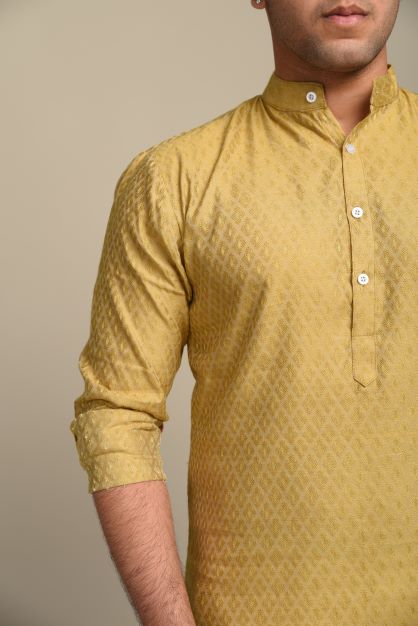 Golden Self Embroidered Designer Silk Kurta-Pajama Set|Traditional Indian Ethnic, Functional Dress, Diwali-Eid Wear, Father Son Combo
