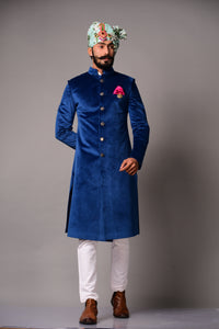 Aesthetic Royal Blue Silky Smooth Velvet Sherwani/Achkan for Men | Perfect For Wedding , Reception , Sangeet , Engagement