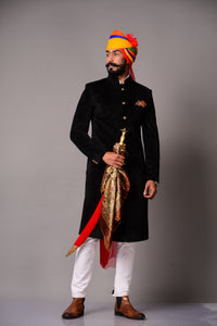 Marvelous Black Velvet Designer Sherwani/Achkan, Dress for Groom's Brother, Father | Perfect Indian Wedding Wear