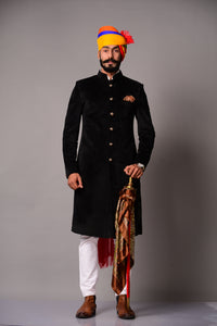 Marvelous Black Velvet Designer Sherwani/Achkan, Dress for Groom's Brother, Father | Perfect Indian Wedding Wear