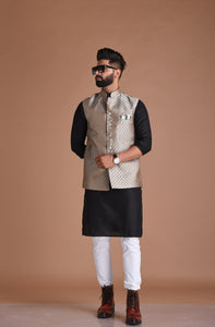 Elegant Grey Banarasi Silk Leaf Pattern Half Jodhpuri Jacket | Best For Wedding Functions