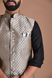 Elegant Grey Banarasi Silk Leaf Pattern Half Jodhpuri Jacket | Best For Wedding Functions