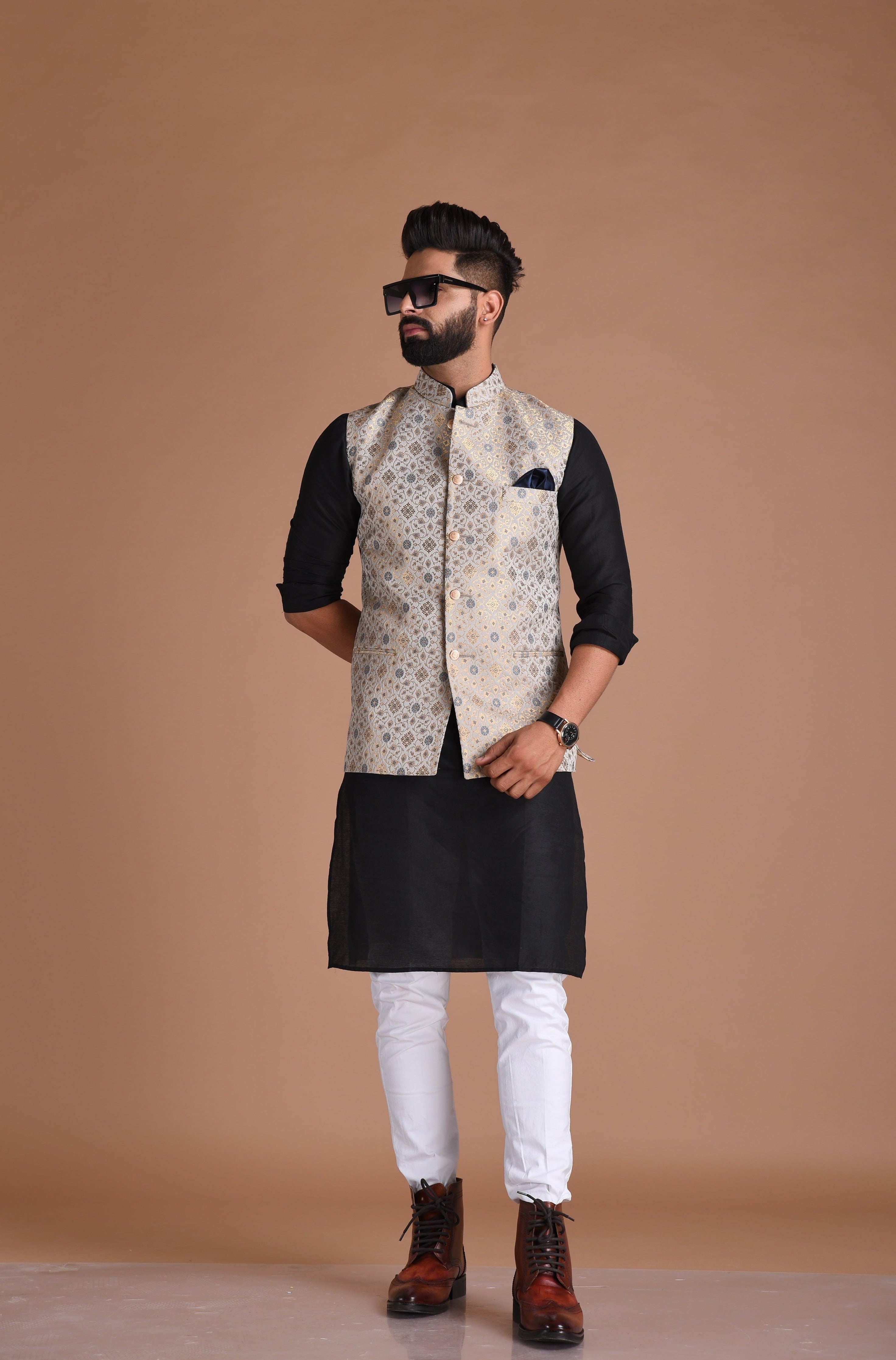 Stunning Banarasi Brocade Half Jodhpuri  Jacket with Black Silk Kurta Pajama Set | Greyish-Blue| Available in Father Son Combo | Comfortable wear for kids