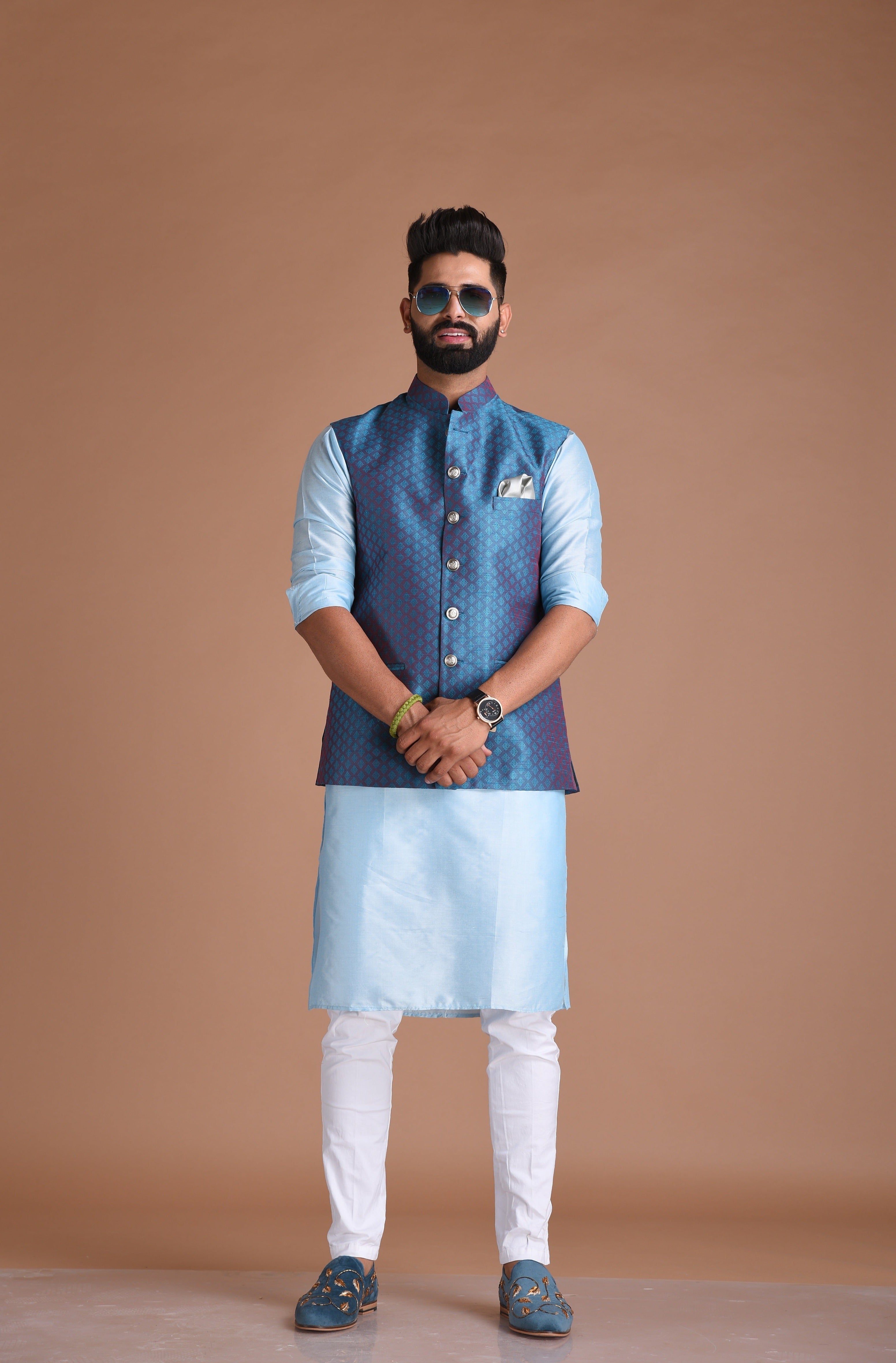 Self Designed Brocade Half Jodhpuri Designer Jacket With Silk Kurta Pajama Set | Wedding Functions Rakshabandhan Diwali Eid Open Lawn Party