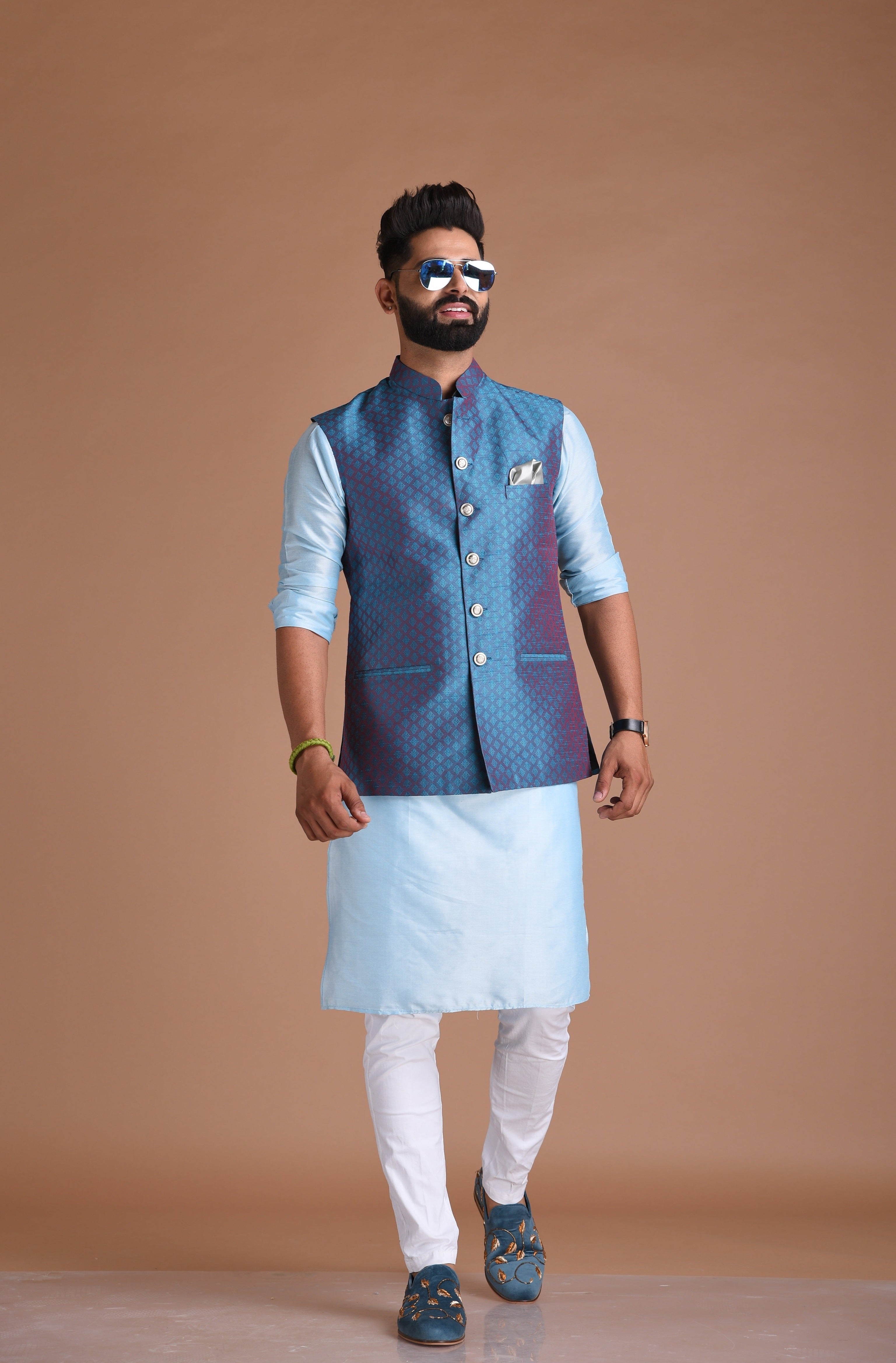 Self Designed Brocade Half Jodhpuri Designer Jacket With Silk Kurta Pajama Set | Wedding Functions Rakshabandhan Diwali Eid Open Lawn Party