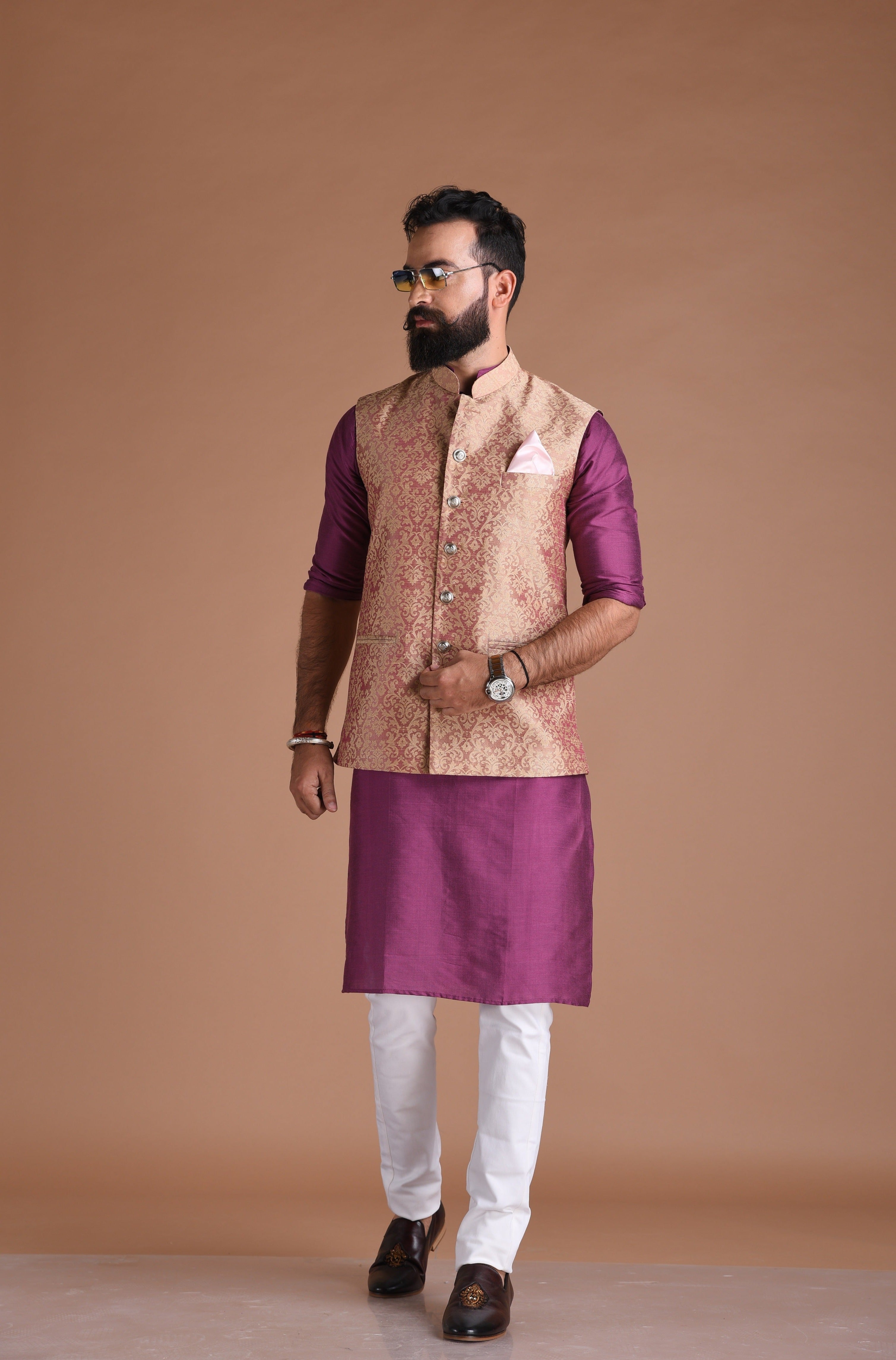 Royal Floral Pattern Banarasi Brocade Half Jodhpuri Jacket with Silk Kurta Pajma Set|Purple | Fee Personalisation | Wedding Functions