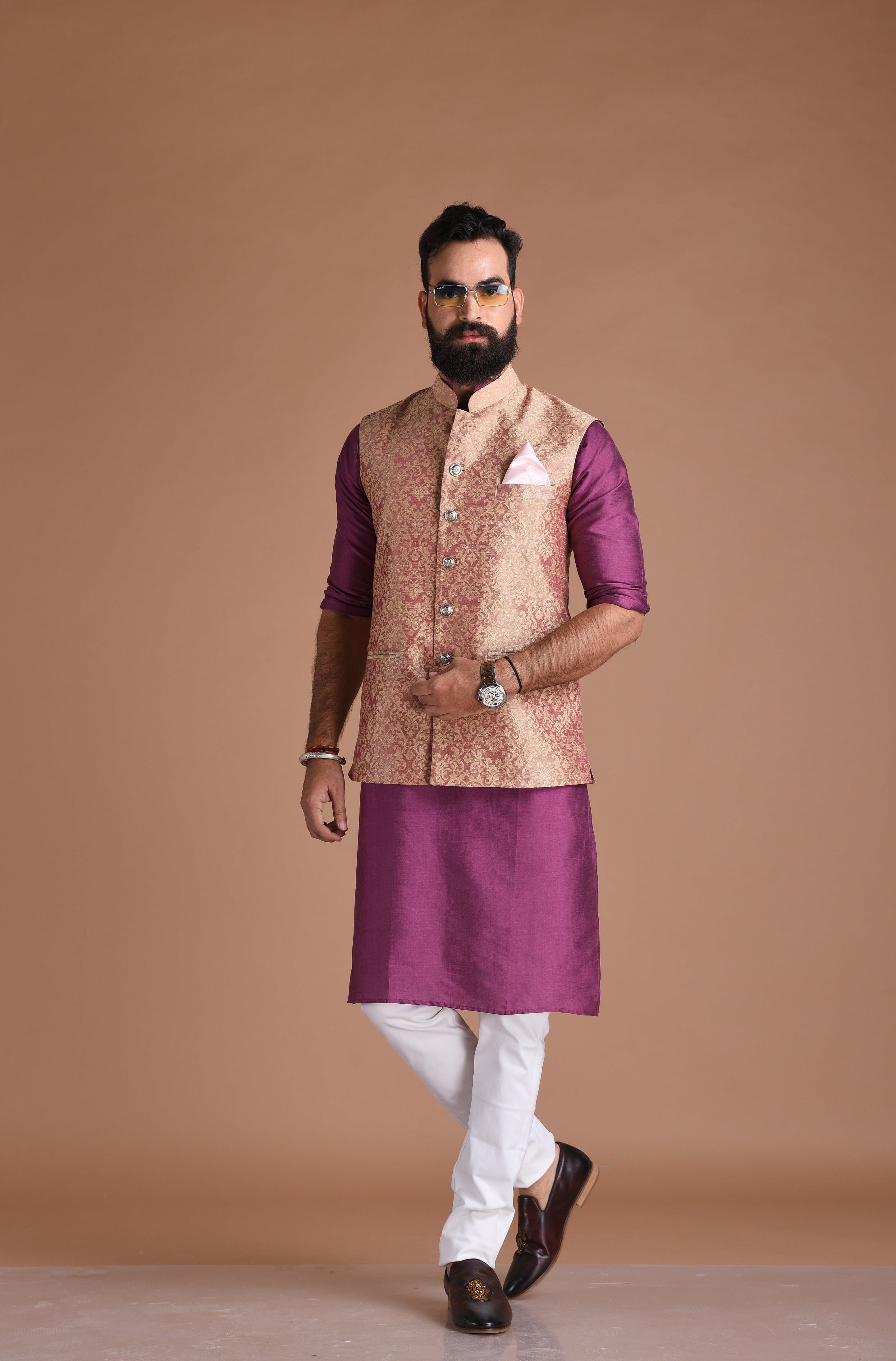 Royal Floral Pattern Banarasi Brocade Half Jodhpuri Jacket with Silk Kurta Pajma Set|Purple | Fee Personalisation | Wedding Functions